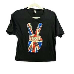 VTG London UK Union Jack Peace Sign T-Shirt S Black Graphic Tee British Rock